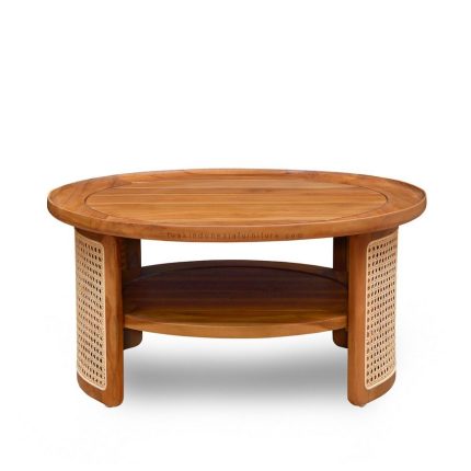 Round Teak and Rattan Coffee Table