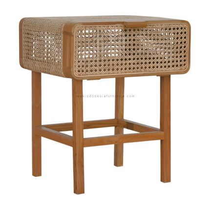 Rattan and Teak Wood Bedside Table