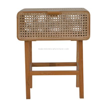 Rattan and Teak Wood Bedside Table