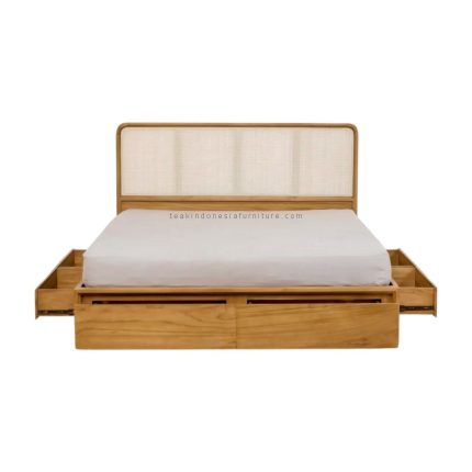 Teak Wood and Rattan Bed Frame With Storage
