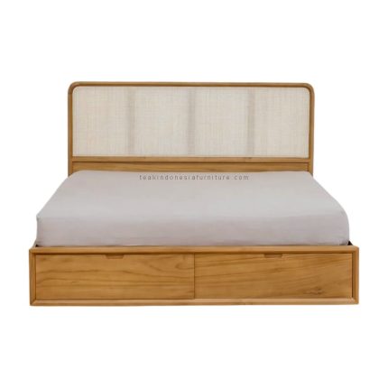 Teak Wood and Rattan Bed Frame With Storage